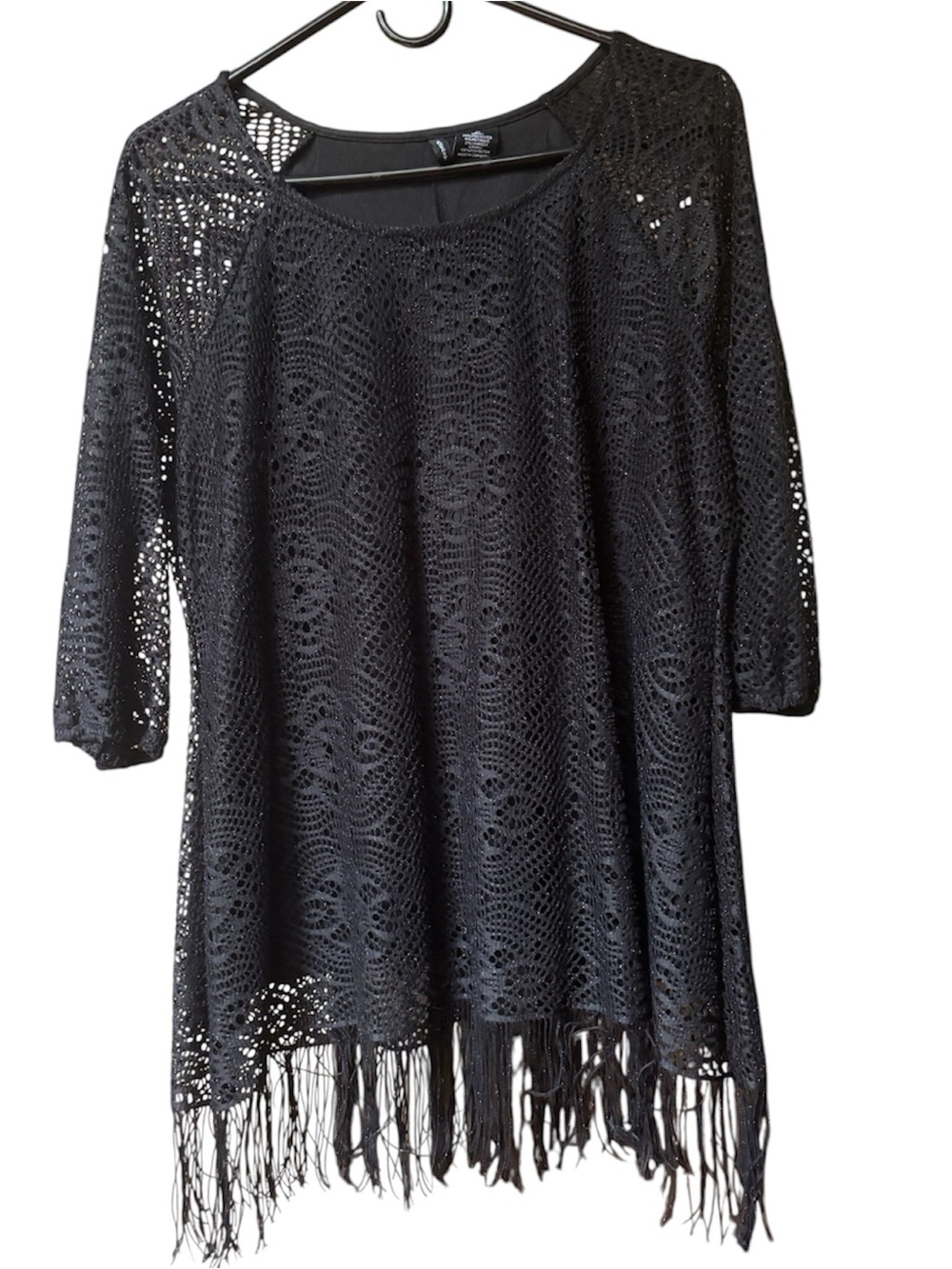 New Directions Black Crochet Fringed Tunic